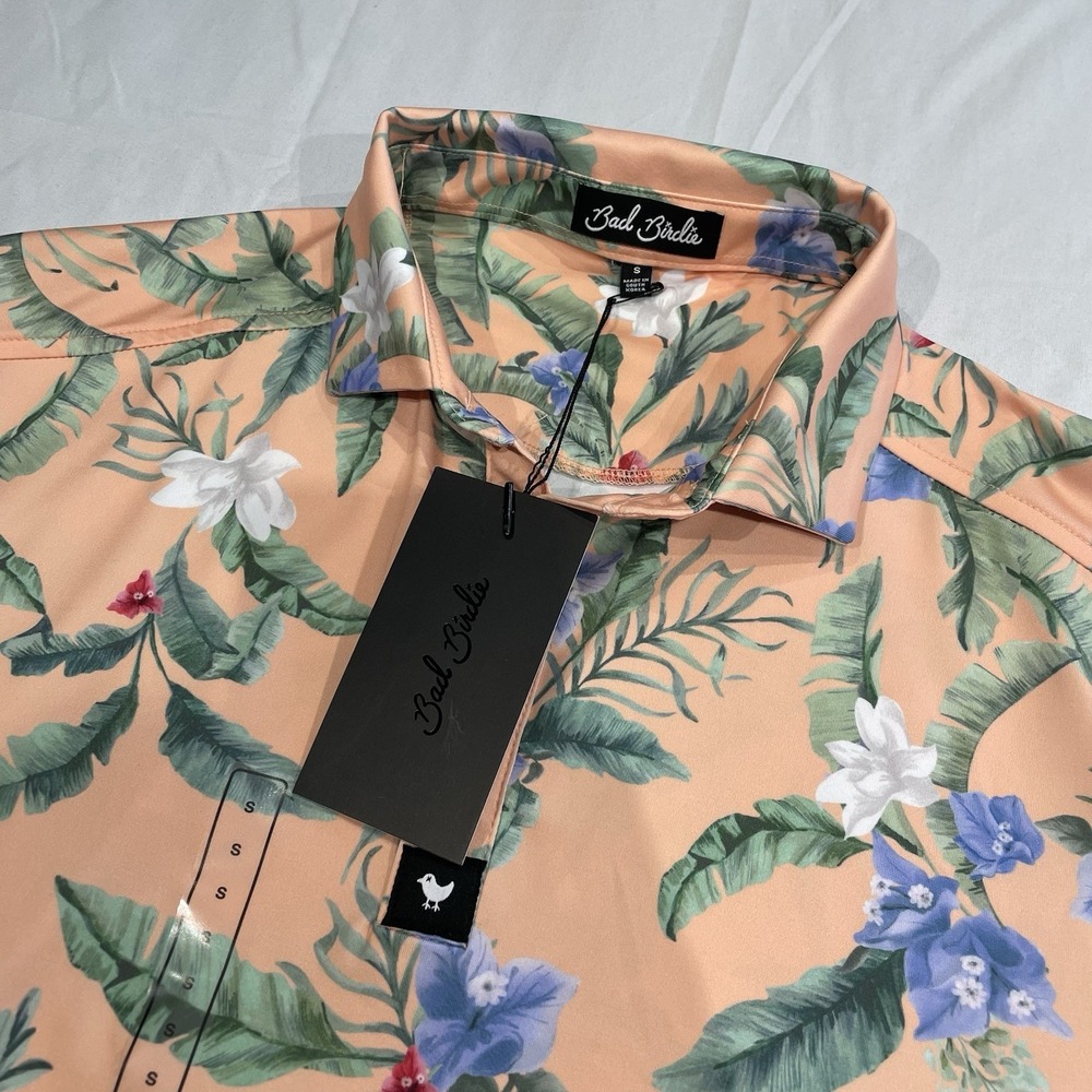Bad Birdie Mens Performance Golf Polo Shirt Peach Tropical Floral Size Small NWT